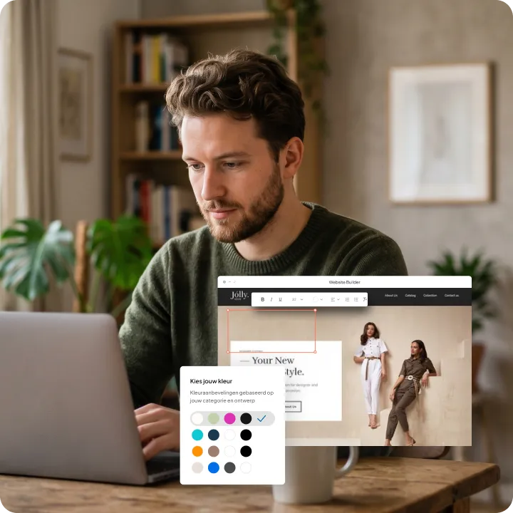 Man werkt op een laptop in de editor van een modewebshop.