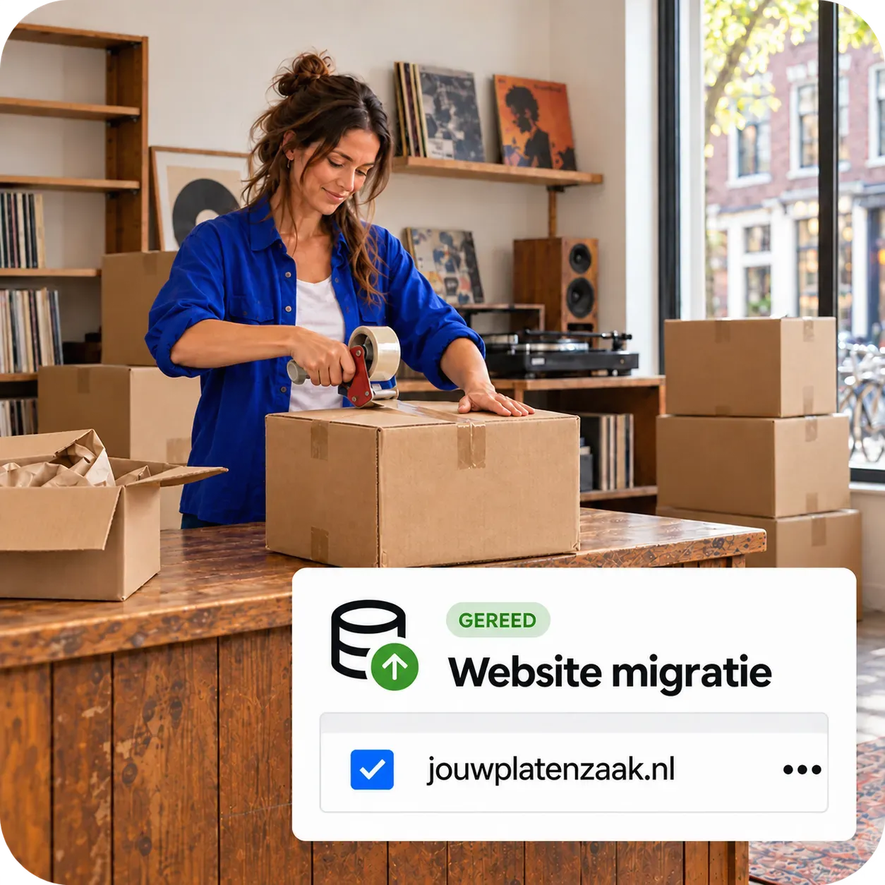 Website-migratie met een vinkje, naast een lachende vrouw die een gebreide trui in een doos pakt.