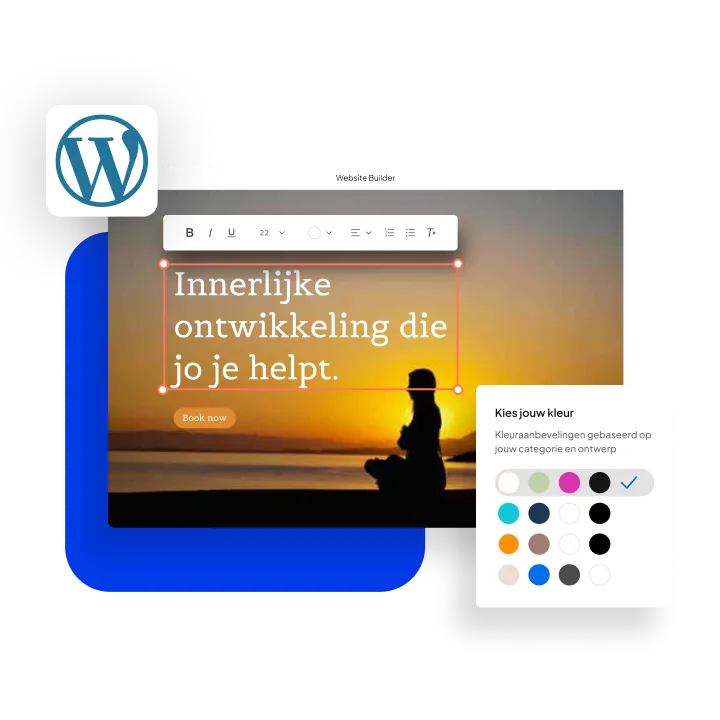 WordPress-logo naast een website-editor met kleurkiezer.