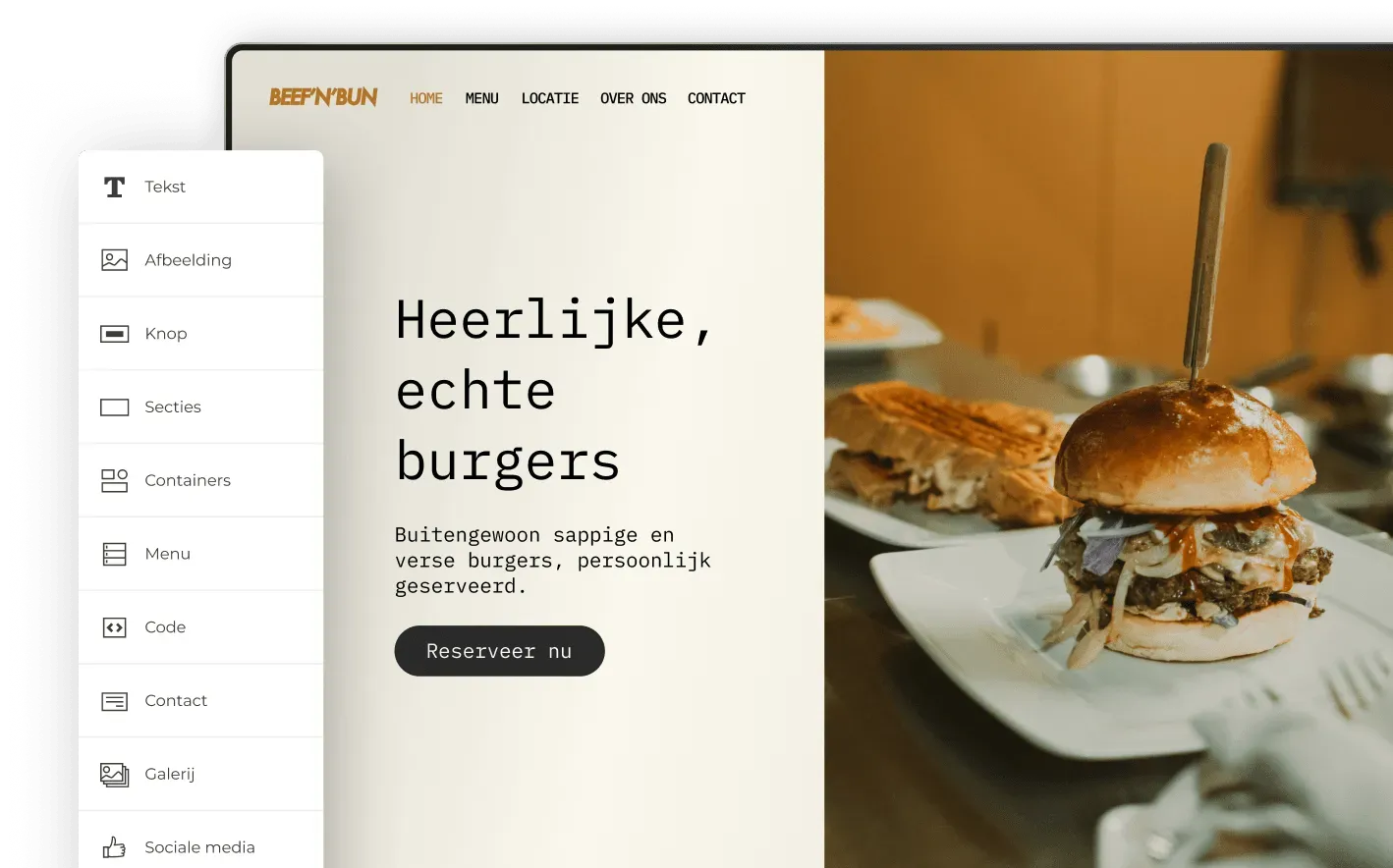 Website Builder met keuzemenu voor tekst, afbeeldingen en knoppen.