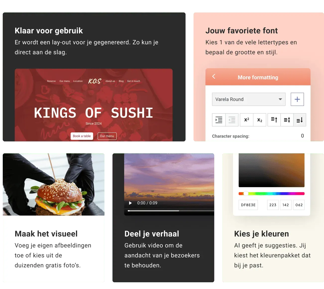 Aanpassingsmogelijkheden in de Website Builder: lay-outs, lettertypes, afbeeldingen, video's en kleuren.