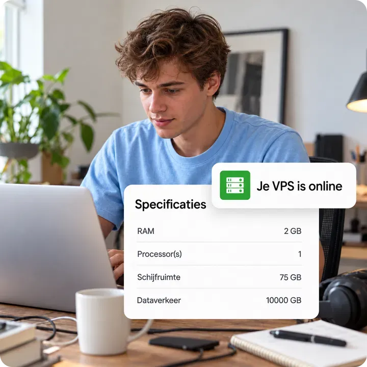Melding dat de VPS online is, met 2 GB RAM en 75 GB schijfruimte.