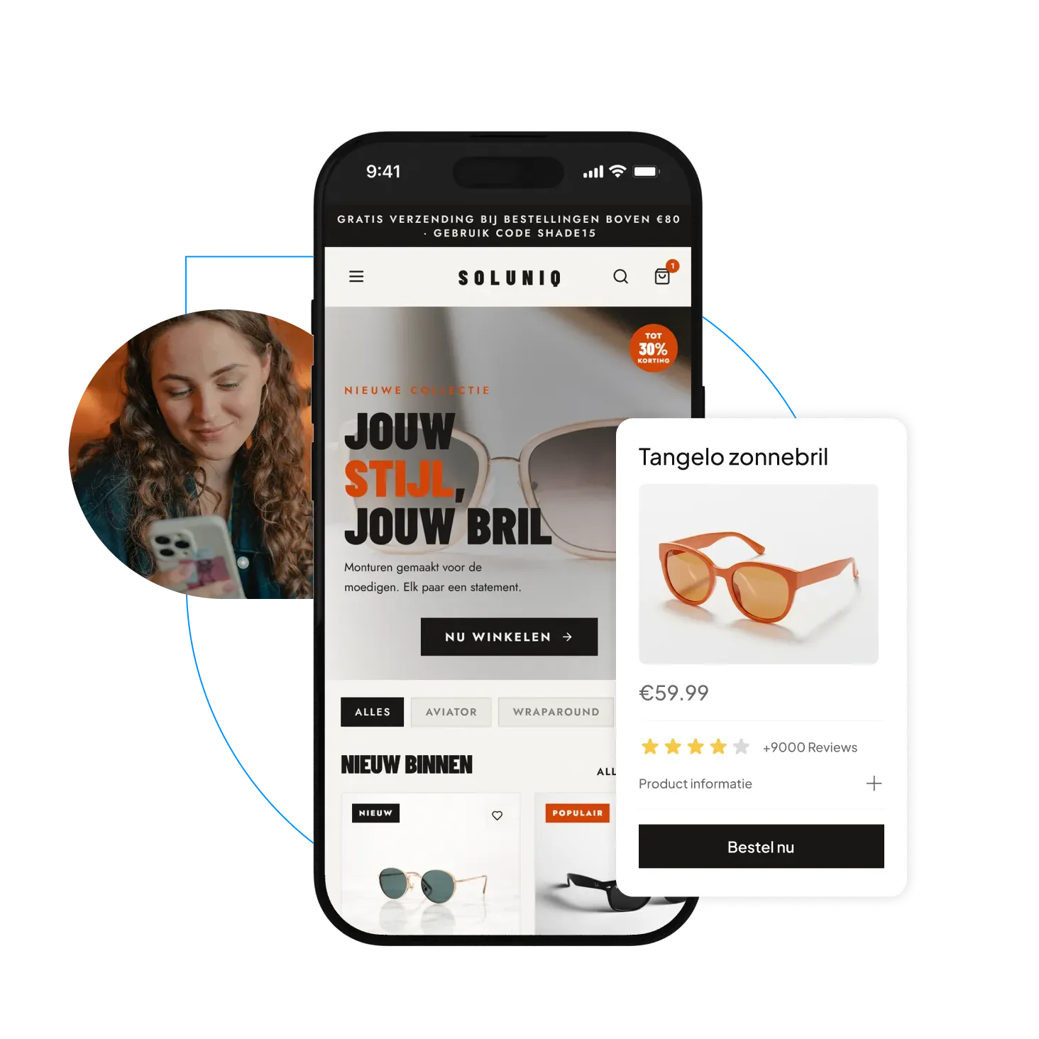 Smartphone met een zonnebrillenwebshop naast een productkaart.