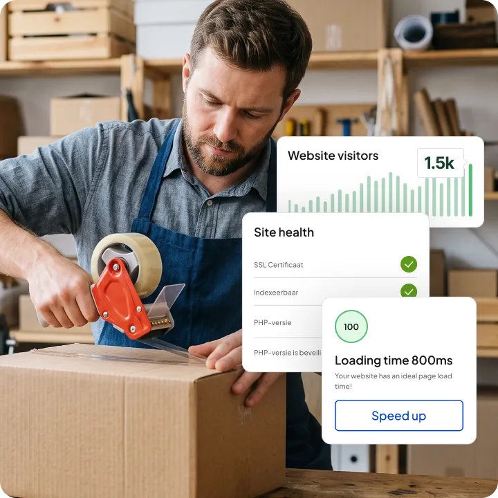 Laadtijd van 800 ms en een site health-check met geldig SSL-certificaat.